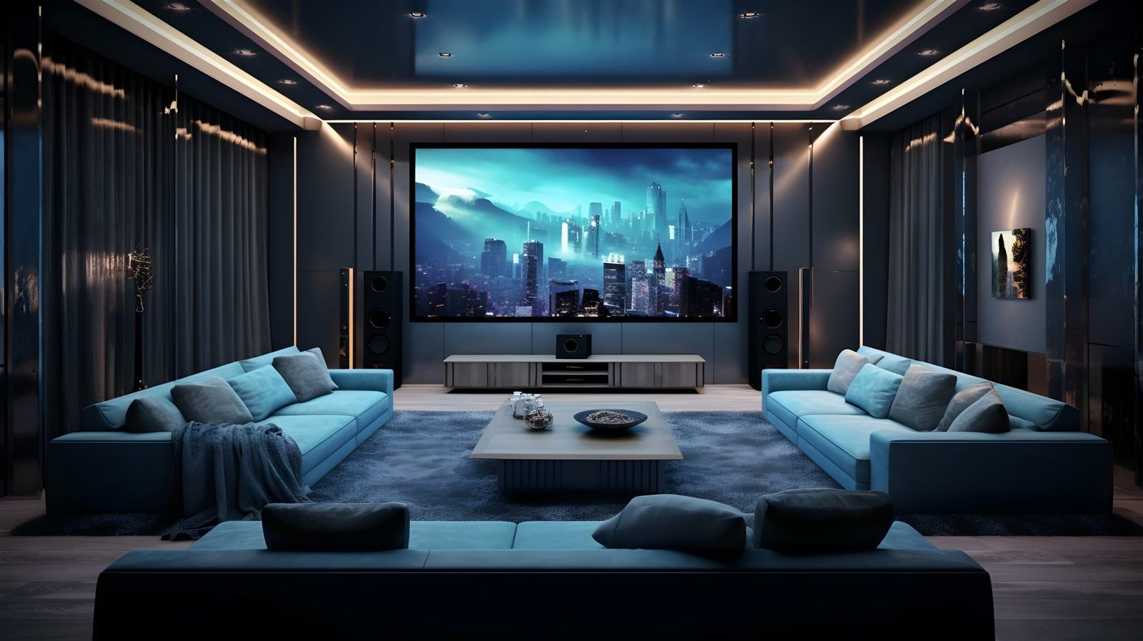 A dedicated media room bathed in blue light with a widescreen and lounge seating